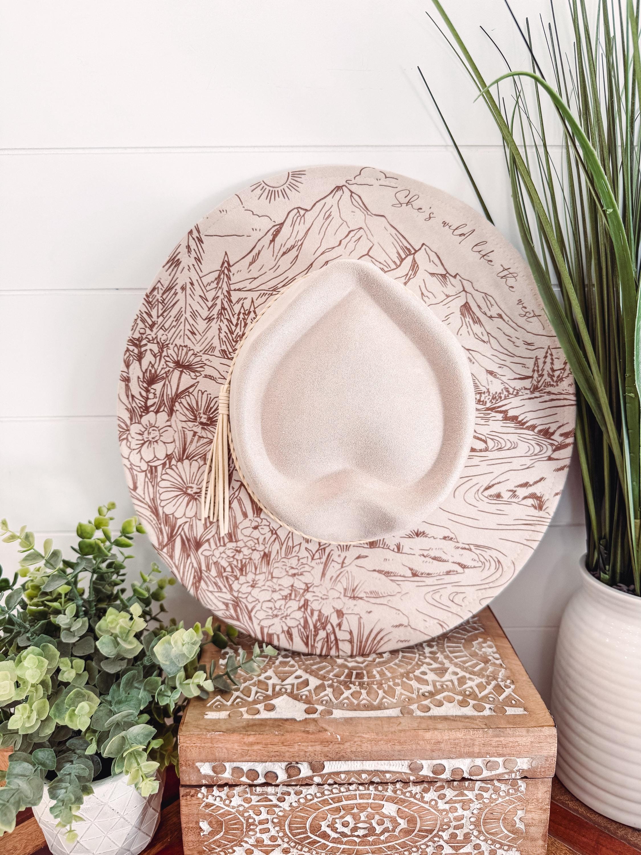 Mountain Burned Hat, Heart Shaped Hat, Floral Engraved 