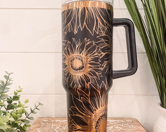 Sunflower Tumbler 40oz, Sunflower Travel Mug, Engraved Tumbler, Engraved Mug, Floral Tumbler, Full Wrap Tumbler, Copper and Cream Cup