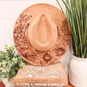 Floral Burned Hat, Daisy Hat, Sunflower Hat, Sunflower Burned Fedora, Engraved Suede Hat, Boho Hat, Vegan Suede
