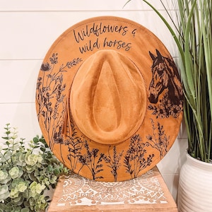 Wildflowers Hat, Burned Cowboy Hat, Floral Burned Hat, Cowgirl Hat, Horse Theme Hat, Horse Hat, Engraved Cowboy Hat, Boho Hat