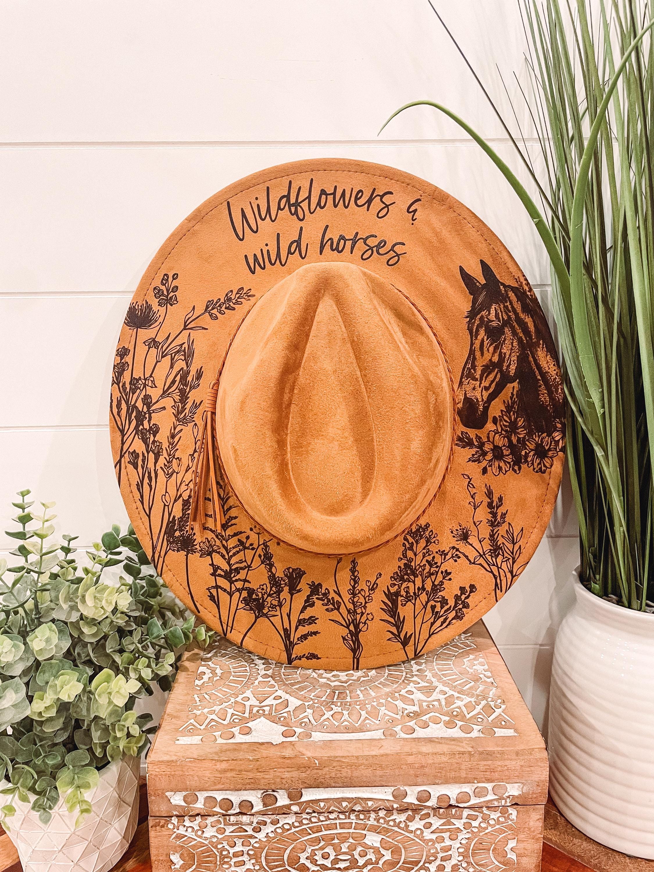 Vintage style cowgirl summer riding hat red suede wild bird chamois laced Wildflowers Hat, Burned Cowboy Hat, Floral Burned Hat  main image 3