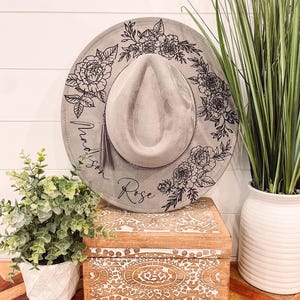 Rose Burned Hat, Rose Engraved Cowboy Hat, floral Hat, Rose Burned Fedora, Engraved Suede hat, Boho Hat, Vegan Suede