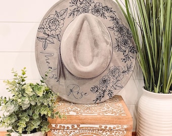 Rose Burned Hat, Rose Engraved Cowboy Hat, bloemenhoed, Rose Burned Fedora, hoed van gegraveerd suède, bohohoed, veganistisch suède