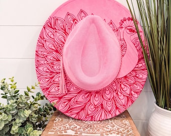 Peacock Burned Hat, Peacock Engraved Cowboy Hat, Peacock Hat, Peacock Burned Fedora, Engraved Suede Hat, Boho Hat, Vegan Suede