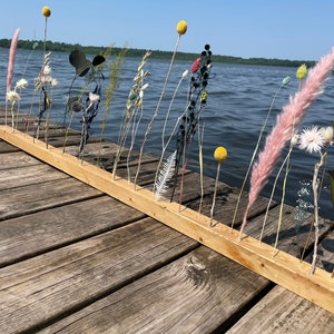 Pu&ograve; includere: Un asse di legno con fiori e erbe secche disposti in fila. L'asse &egrave; posizionato su un molo di legno con un lago sullo sfondo.