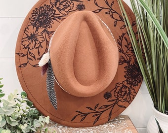 Floral Burned Hat, Floral Engraved Cowboy Hat, Sunflower Hat  display picture 2