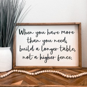 When You Have More Than You Need Build A Longer Table Not A Taller Fence Wooden Sign, Christian Prayer Wooden Sign, Housewarming Present