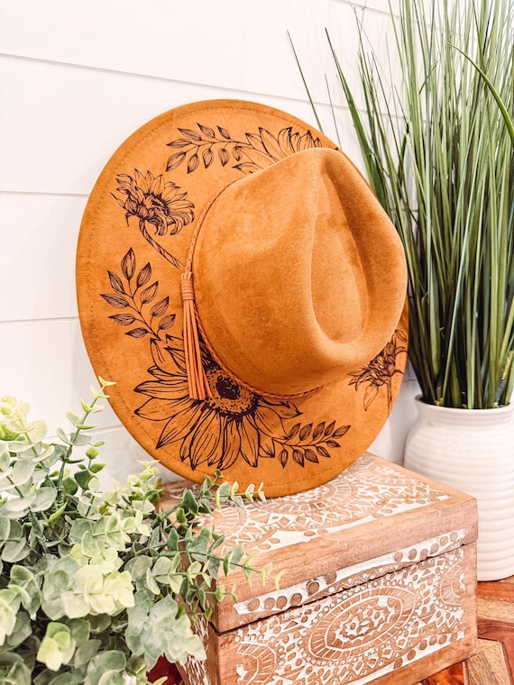 Sunflower Burned Hat, Floral Engraved Cowboy Hat, Sunflower  display picture 1