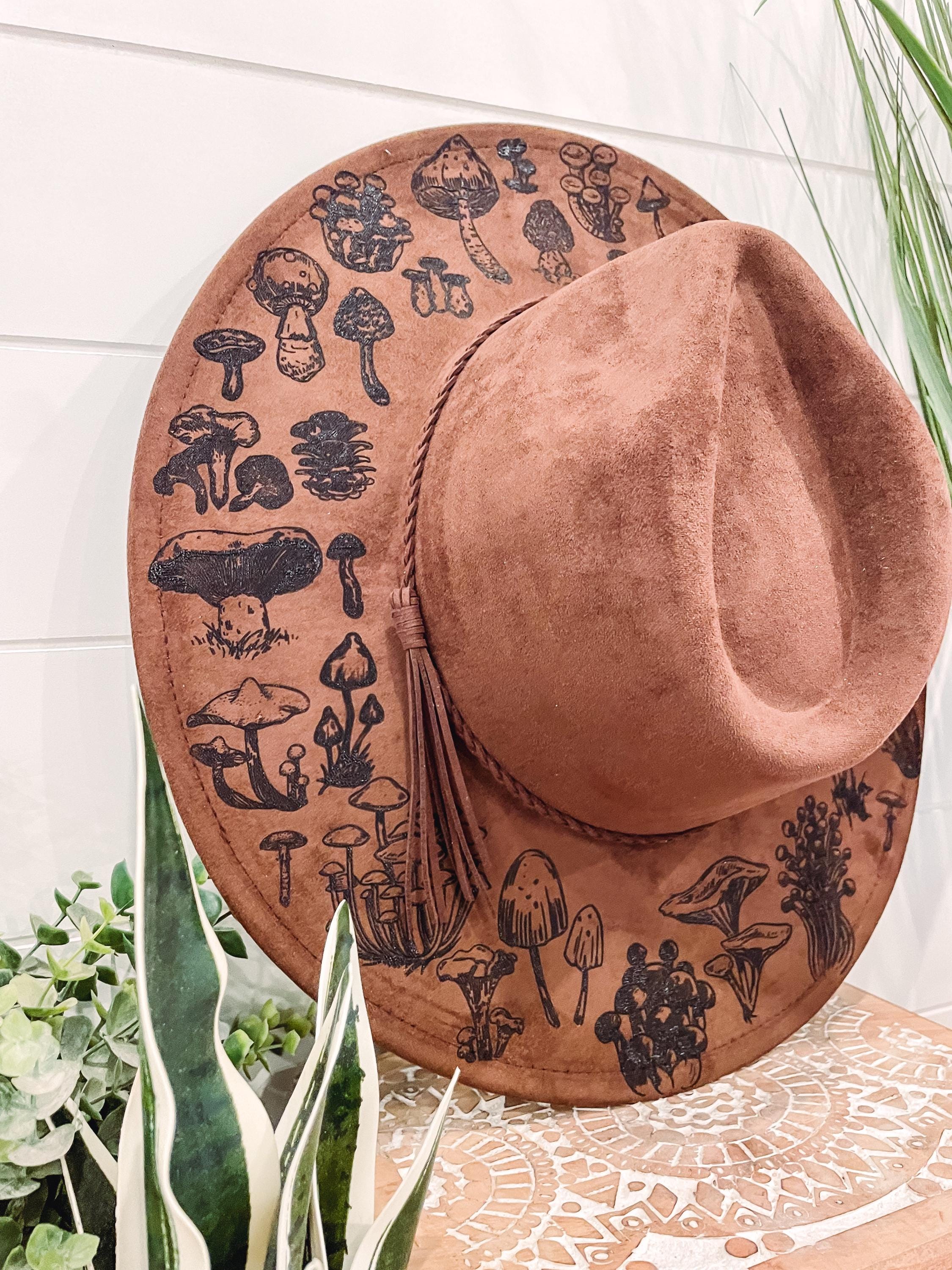 Distressed Mushroom Burned Hat, Flat Brim Suede Hat, Cottage Core Burned Hat Echo - Handcrafted Burned Distressed Pencil Brim Fedora Hat  main image 3