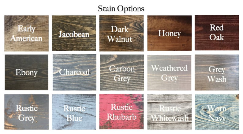 Pu&ograve; includere: Una tabella di 15 colori diversi di tinta per legno. I colori della tinta sono etichettati con nomi come "Early American", "Jacobean", "Dark Walnut", "Honey", "Red Oak", "Ebony", "Charcoal", "Carbon Grey", "Weathered Grey", "Grey Wash", "Rustic Grey", "Rustic Blue", "Rustic Rhubarb", "Rustic Whitewash" e "Worn Navy".