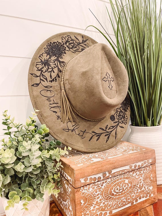 Floral Burned Hat, Floral Engraved Cowboy Hat, Sunflower Hat  display picture 2