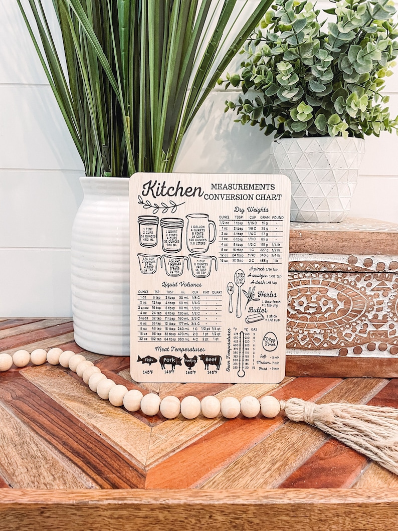 K&ouml;nnte beinhalten: Eine K&uuml;chen-Umrechnungstabelle aus Holz mit schwarzem Text und Illustrationen. Die Tabelle enth&auml;lt Ma&szlig;e f&uuml;r Trockengewichte, Fl&uuml;ssigkeitsvolumina und Fleischtemperaturen. Au&szlig;erdem enth&auml;lt sie einen Abschnitt f&uuml;r Kr&auml;uter und Butter.