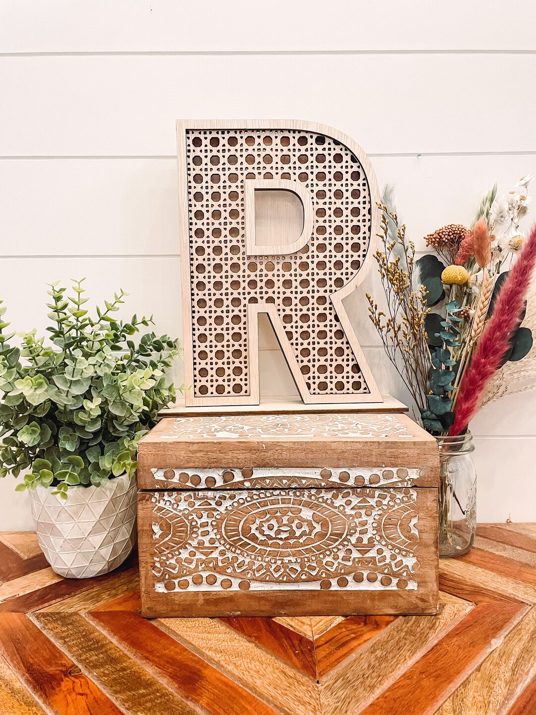 Rattan Letter Piggy Bank, Honeymoon Fund, Boho Piggy Bank, Wooden Piggy