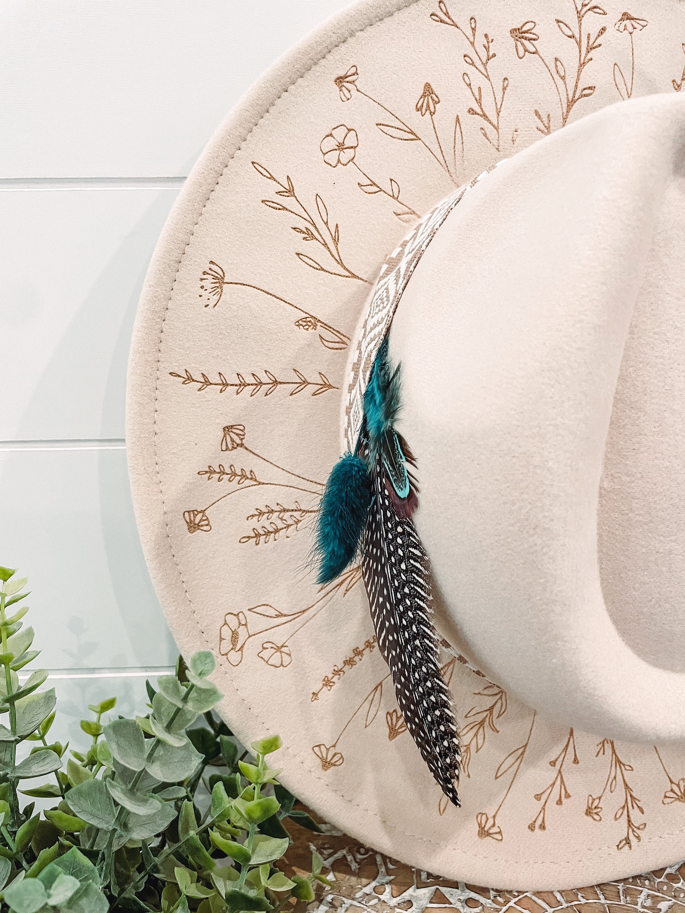 H12 Hat Fedora / Explorer Floral Painted Beige Hat Leave Her Wild Floral Burned Hat, Floral Engraved Cowboy Hat  main image 3