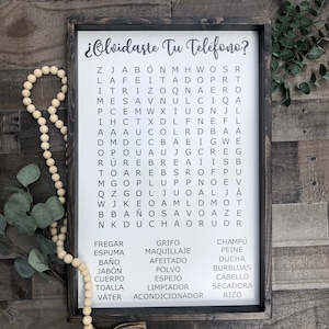 Spanish Bathroom Word Search Wooden Sign, Bathroom Decor, Olvidaste Tu Telefono Wooden Sign, Funny Bathroom Signs, Housewarming Present