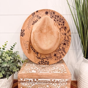 Youth Floral Leopard Print Hat, Child Size Burned Hat, Floral Burned Hat, Cowgirl Hat, wildflower Hat, Horse Hat, Engraved Cowboy Hat