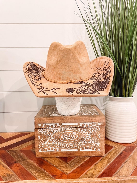 Floral Burned Hat, Floral Engraved Cowboy Hat, Sunflower Hat  display picture 2