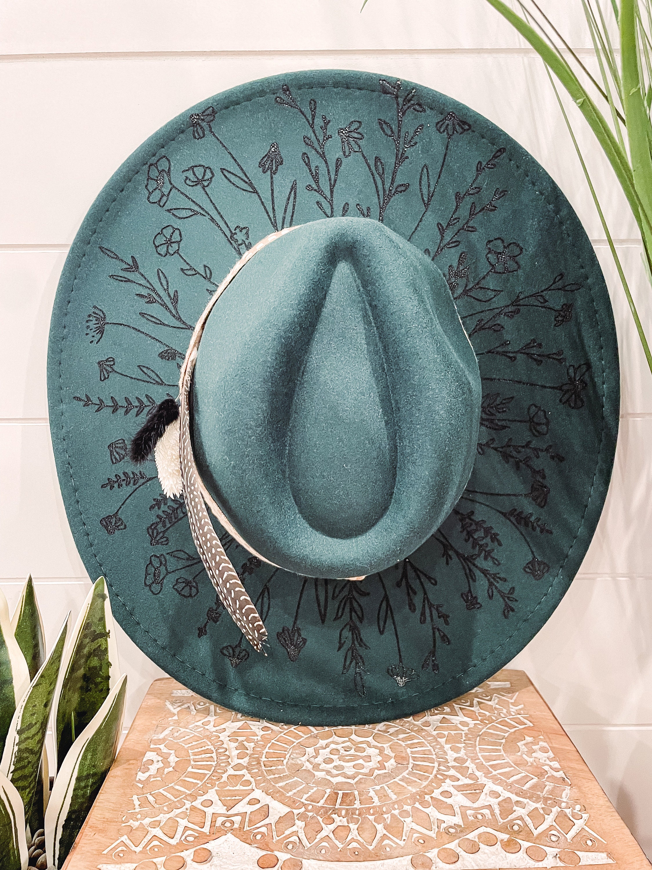 #266. Hand-Painted Olive Green Floral Felt Fedora Hat Olive Green Suffolk Fedora, Bronze Feather - Hicks & Brown main image 3