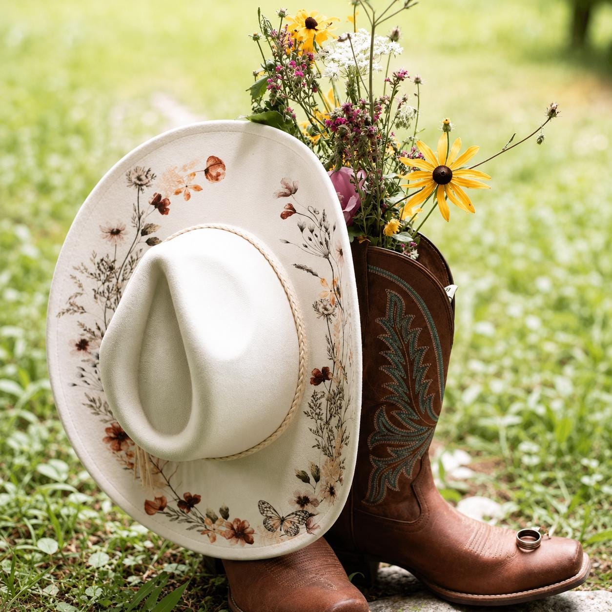 Sun Kissed Fedoras Cowgirl Hat Green Floral Wide Brim Medium Wide Brim Fedora | Custom Western Hat With Botanical Design  main image 3