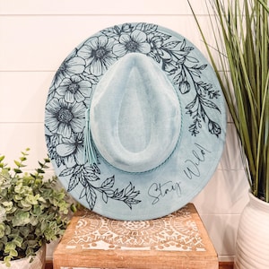 Floral Burned Hat, Floral Engraved Cowboy Hat, Floral Hat, Floral Burned Fedora, Engraved Suede Hat, Boho Hat, Vegan Suede