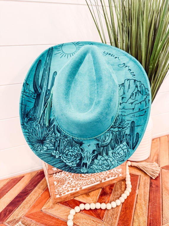 Gray Felt Hat with Cactus Design Desert Burned Hat, Cactus Engraved Cowboy Hat, Cactus Hat  main image 4