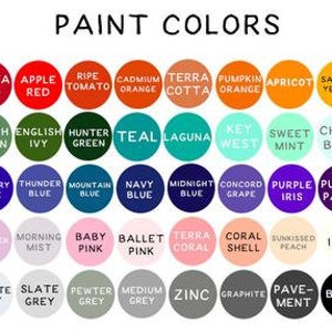 Puede incluir: Una tabla de colores de pintura con nombres para cada color. Los colores est&aacute;n dispuestos en filas y columnas, con los nombres de los colores impresos en texto blanco en cada c&iacute;rculo.