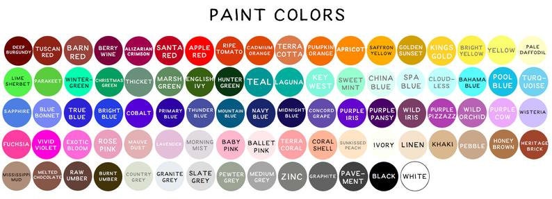 Puede incluir: Una tabla de colores de pintura con nombres para cada color. Los colores est&aacute;n dispuestos en filas y columnas, con los nombres de los colores impresos en texto blanco en cada c&iacute;rculo.