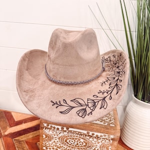 Floral Burned Hat, Floral Engraved Cowboy Hat, Sunflower Hat, Sunflower Burned Fedora, Engraved Suede Hat, Boho Hat, Vegan Suede image 8