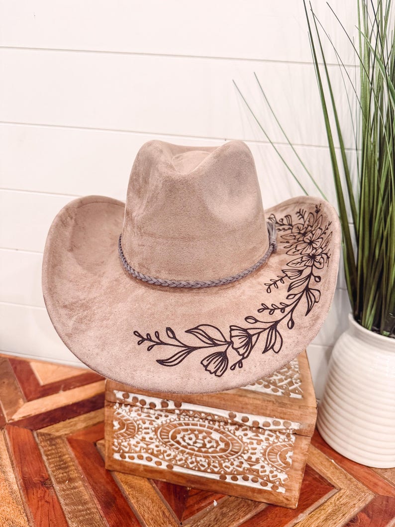 Floral Burned Hat, Floral Engraved Cowboy Hat, Sunflower Hat, Sunflower Burned Fedora, Engraved Suede Hat, Boho Hat, Vegan Suede image 8