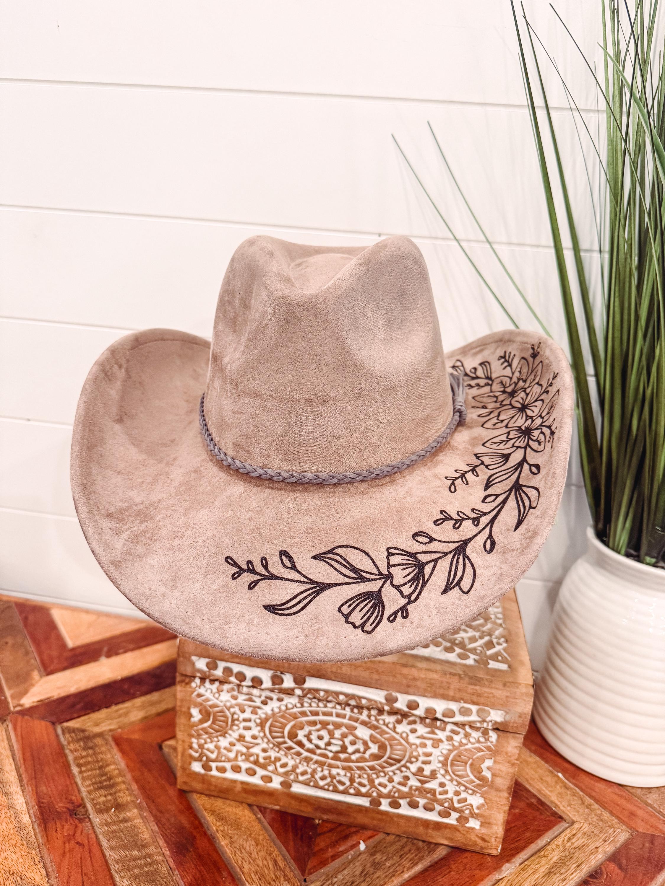 Floral Burned Hat, Floral Engraved Cowboy Hat, Sunflower Hat 