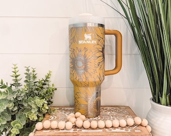 Sunflower Tumbler 40oz, Travel Mug, Engraved Tumbler, Floral Engraved Tumbler, Full Wrap Cup, Travel Mug with handle, Sunflower Mug