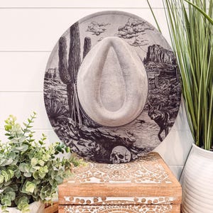 Desert Burned Hat, Cactus Engraved Cowboy Hat, Cactus Hat, Desert Burned Fedora, Engraved Suede Hat, Boho Hat, Vegan Suede Hat
