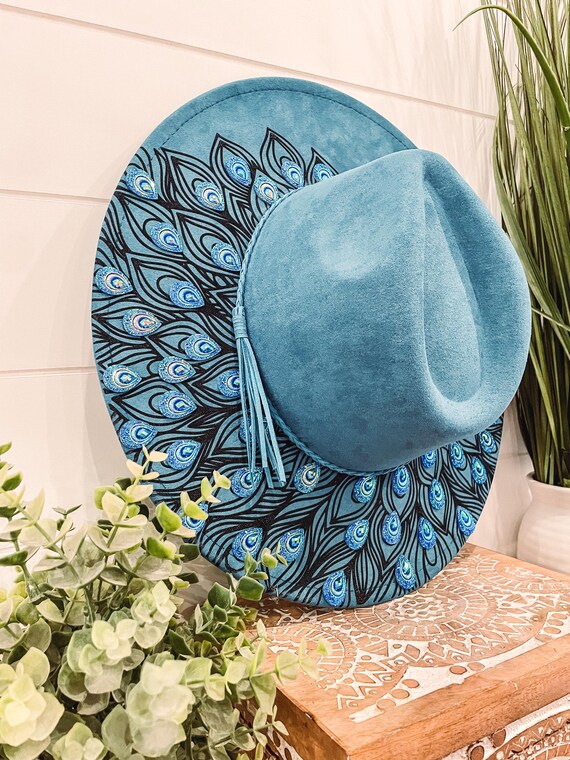 Peacock Burned Hat, Peacock Engraved Cowboy Hat, Peacock Hat  display picture 3