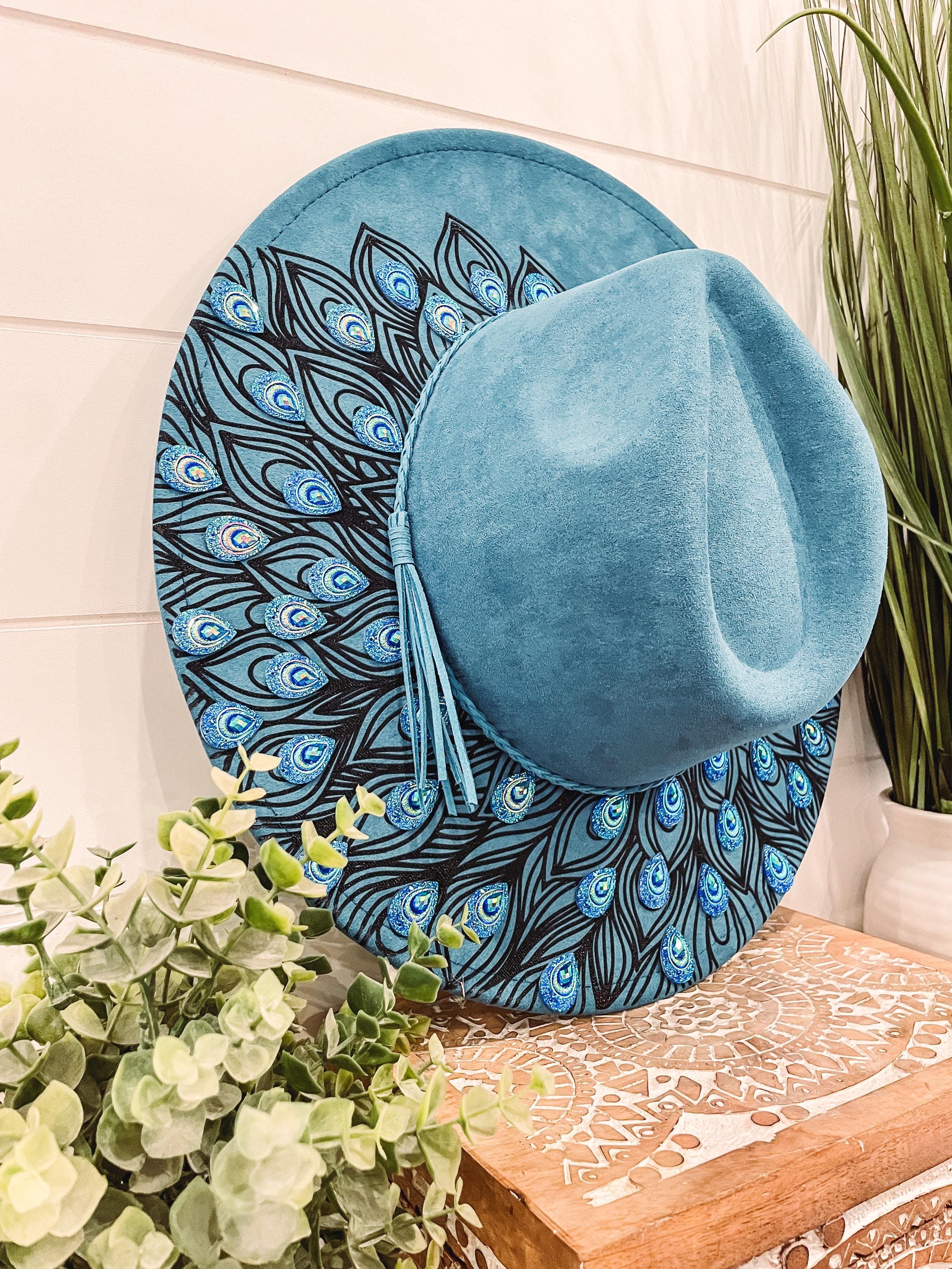 Peacock Burned Hat, Peacock Engraved Cowboy Hat, Peacock Hat 