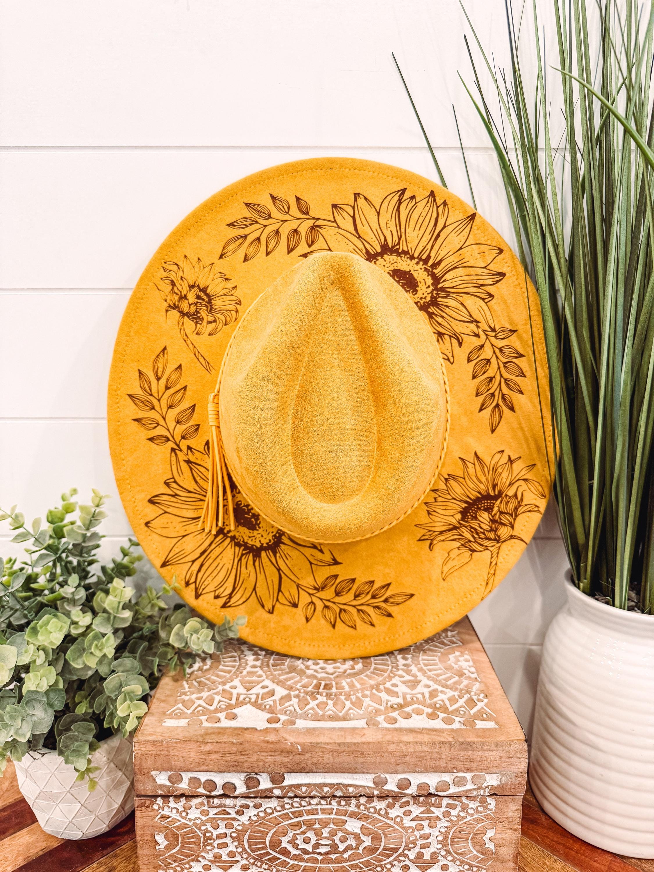 Vegan Suede Custom yellow Sunflower hat Sunflower Burned Hat, Floral Engraved Cowboy Hat, Sunflower  main image 3