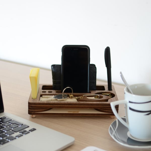 Amplificateur de son pour smartphone et organisateur de bureau en bois, station d'accueil pour téléphone, bureau passif, haut-parleur iPhone, cadeau pour père, cadeau pour hommes d'affaires