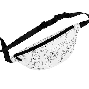 May include: A white fanny pack with a black adjustable strap. The fanny pack has a black zipper and is covered in black handwritten text, including the words "Elsa", "Mulan", "C.Bally", "House", "Mickey Mouse", and "Boom".
