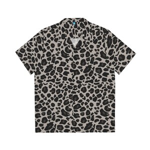 May include: A short-sleeved button-up shirt with a leopard print pattern in shades of brown and black.