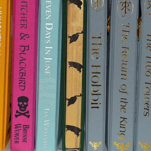 Puede incluir: Una fila de libros de tapa dura con lomos coloridos. Los t&iacute;tulos incluyen "Butcher & Blackbird", "Seven Days in June" y "The Hobbit". Los libros tienen elementos decorativos como letras doradas e ilustraciones.