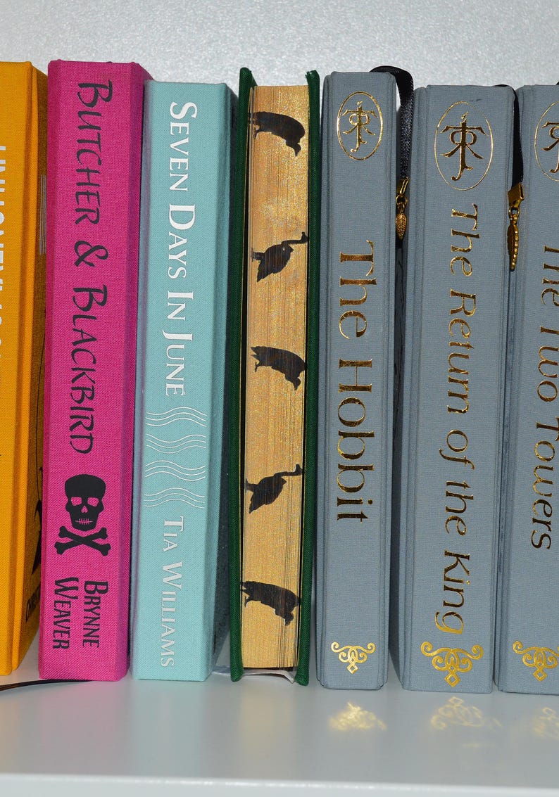 Puede incluir: Una fila de libros de tapa dura con lomos coloridos. Los t&iacute;tulos incluyen "Butcher & Blackbird", "Seven Days in June" y "The Hobbit". Los libros tienen elementos decorativos como letras doradas e ilustraciones.