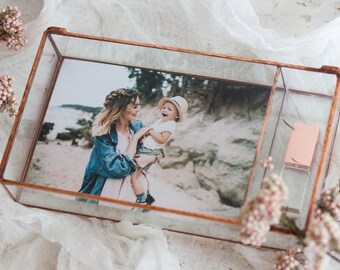 Glass Photo Display Box with USB Flash Drive Section - Newlywed Gift - Geometric Photo Holder - Card reception - Wedding Home decor