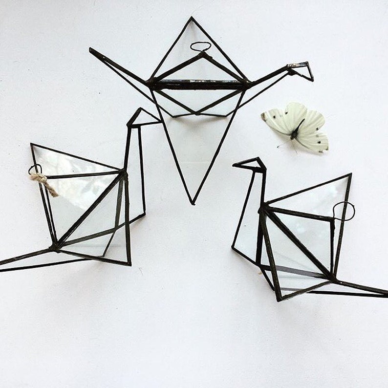 Glass Origami Crane Handmade Geometric Bird Home decor Geometric Crane Wedding table decoration Geometric Terrarium image 1