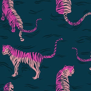 May include: A repeating pattern of pink tigers with black stripes on a dark teal background. The tigers are in various poses, some standing, some walking, and some looking back. The design has a modern, artistic feel.