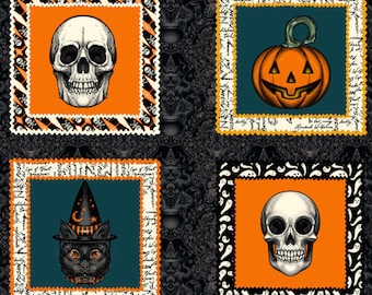 May include: Four black and orange framed squares with different Halloween images. The top left square has a white skull with black eyes. The top right square has a green background with an orange pumpkin. The bottom left square has a black cat wearing a witch's hat on a teal background. The bottom right square has a white skull with black eyes on an orange background.