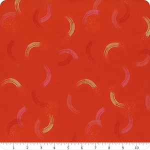 May include: Red fabric with a repeating pattern of pink and yellow curved lines. The fabric has a subtle sparkle.