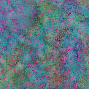 May include: A vibrant fabric with a batik-style design. The background is a blend of teal and green hues, speckled with small pink dots. Scattered across the surface are larger, elongated pink shapes, creating a dynamic and colorful pattern.