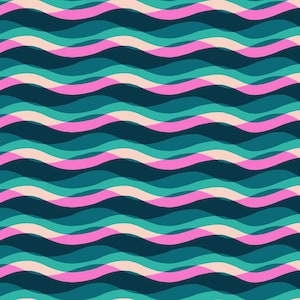 May include: Abstract wavy pattern in shades of teal, pink, and cream. The design features overlapping, horizontal waves creating a layered effect. The pattern is seamless and could be used for fabric or wallpaper.