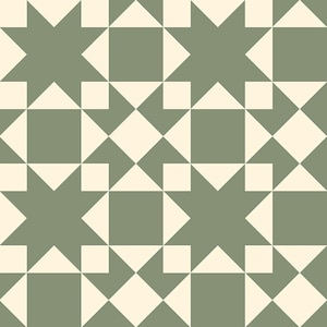 May include: Seamless pattern featuring a repeating geometric design. The pattern consists of alternating shapes of cream-colored triangles and squares set against a muted green background. The design creates a star-like motif.
