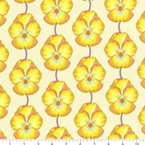 May include: A repeating pattern of yellow pansy flowers with orange and pink accents on a light yellow background. The flowers are connected by gray stems, creating a floral design.