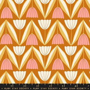 May include: A repeating pattern of stylized flowers in shades of pink, cream, and gold on a burnt orange background. The design features alternating rows of closed and open flower shapes with long, curved leaves. The text "RUBY STAR SOCIETY" is at the bottom.
